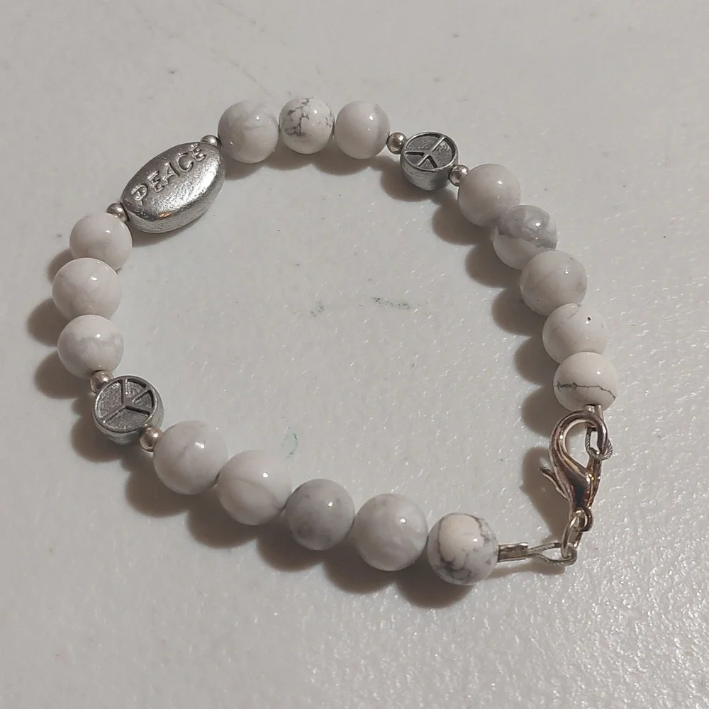 White Howlite Bead Bracelet with Silver Tone Accent PEACE Charm Peace Spacers